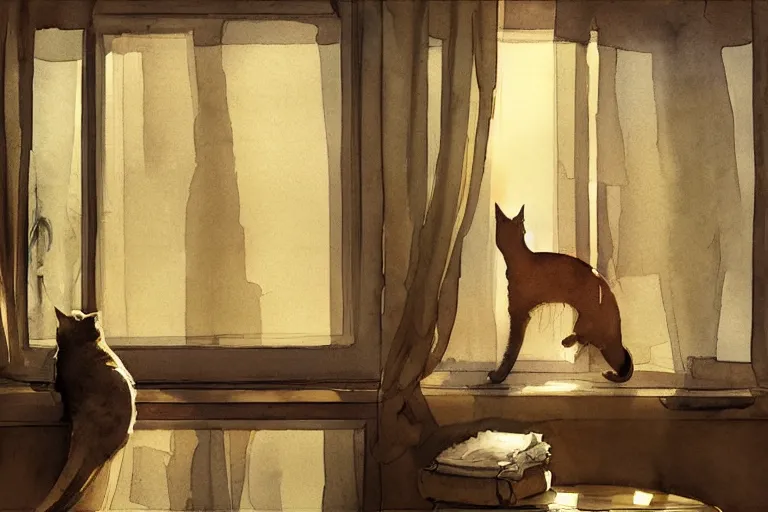 Prompt: abstract ink and watercolor painting of golden hour sunlight through curtain window, a cat sits on the window sill, silverware and glass, cinematic light, national romanticism by hans dahl, by jesper ejsing, by anders zorn, concept art, sharp focus, illustration, art by artgerm and greg rutkowski and magali villeneuve