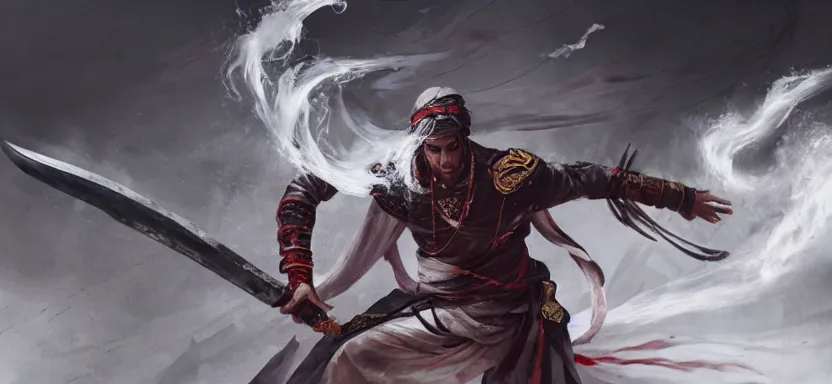 Image similar to Epic action scene, Concept art of a man wielding a guandao, wearing a white garb covered with a long white cloak, red smoke follows his movement, full body wuxia, polearm martial arts by Akihito Yoshitomi AND Yoji Shinkawa AND Greg Rutkowski, Mark Arian trending on artstation, 4k