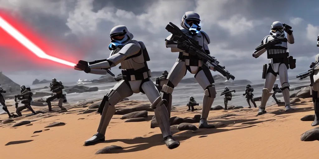 Image similar to screenshot of shore troopers, on scarif, ea star wars battlefront 2015