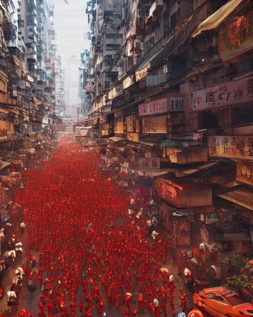 Prompt: chinese new year decoration, chinese new year parade, crowd of people, street, poor buildings, hong kong buildings, kowloon, slums, cyberpunk, ghost in the shell, dramatic lighting, trending on Artstation, 8k, highly realistic, hyper detailed, unreal engine 5, IMAX quality, realistic, cinematic, epic lighting, realistic, Matte Painting, masterpiece,