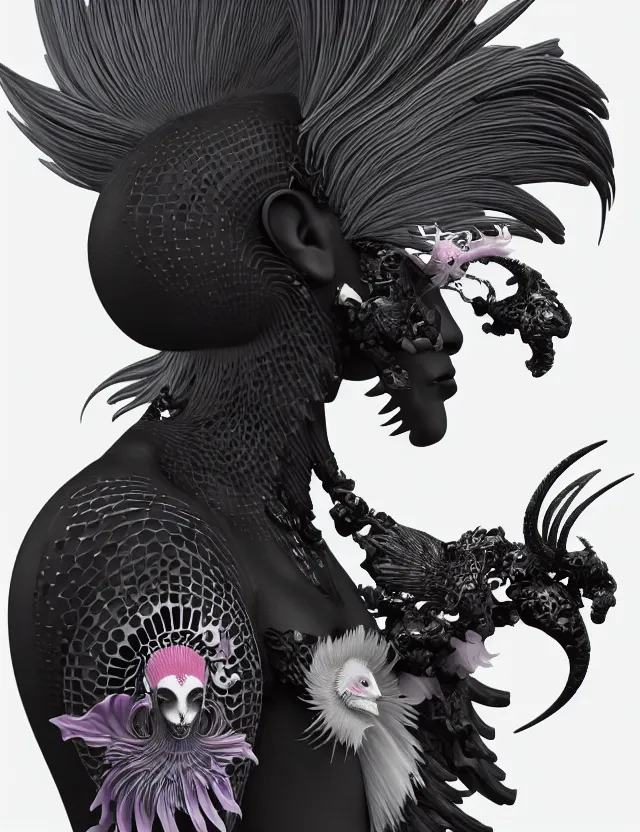 Image similar to 3 d goddess close - up profile simple portrait punk with mohawk with goat skull. beautiful intricately detailed japanese crow kitsune mask and clasical japanese kimono. betta fish, jellyfish phoenix, bio luminescent, plasma, ice, water, wind, creature, artwork by tooth wu and wlop and beeple and greg rutkowski