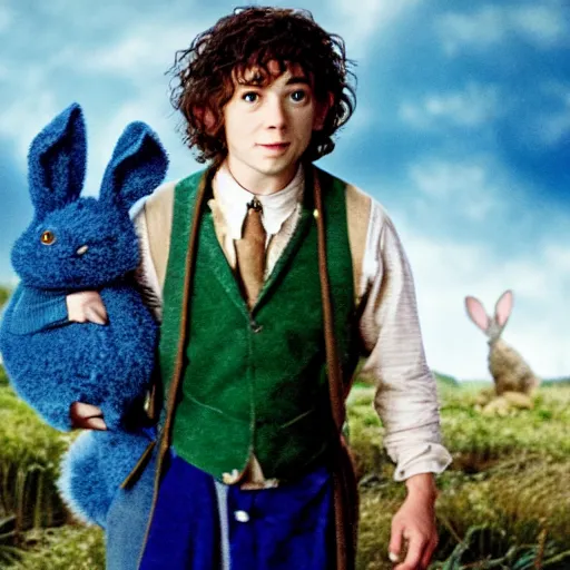 Image similar to Bartook a teen hobbit with short curly dark brown hair wearing a blue vest with a white sash standing next to a giant rabbit, high resolution film still, movie by Peter Jackson