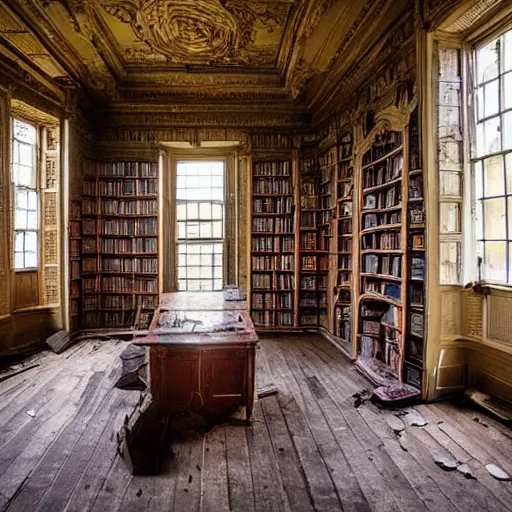 Prompt: library inside an abandoned 19th century victorian mansion