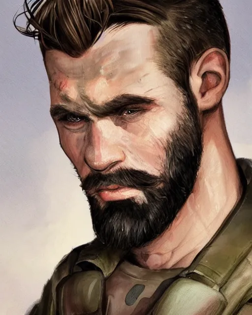 Prompt: portrait of muscular, tired and alcoholic 3 0 - year - old handsome man with short darkblonde hair, serious sad look in his eyes, dirty beard, blue eyes, crying tears, wearing dirty soldier uniform, on the desert, hyper realistic face, beautiful eyes, character art, art by mark brooks, hyperdetailed, cryengine, trending on artstation, digital art