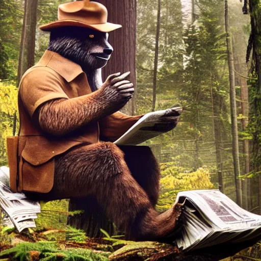 Prompt: UHD candid photo of Smokey The Bear in the woods, sitting over a well reading newspaper, by Annie leibowitz, photorealisitc, extremely detailed