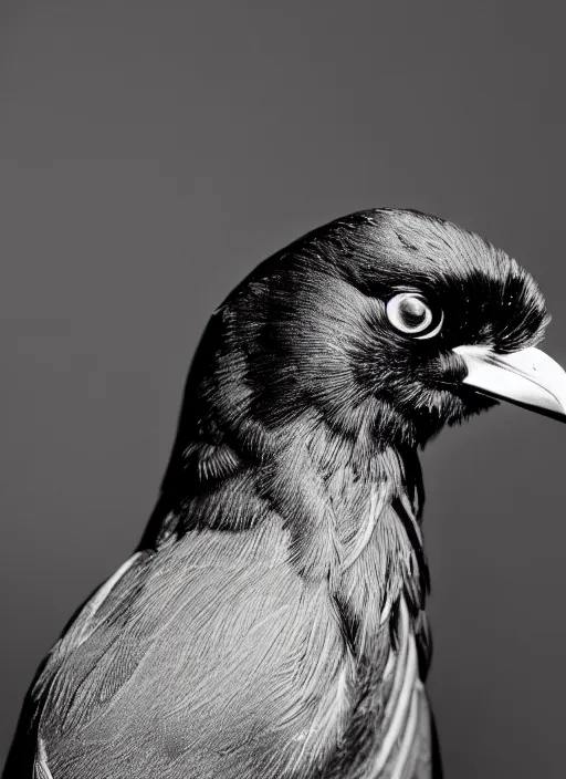 Prompt: a profile portrait, a stunning young cyborg female mixed crow mixed vegetal, editorial photography, bw, shot on 7 0 mm, depth of field, f / 2. 8, high contrast, 1 6 k, volumetric lighting, shiny, insanely detailed and intricate, hypermaximalist, elegant, ornate, hyper realistic, super detailed