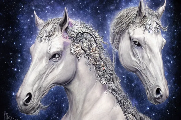 Image similar to a wlop 3 d render of very very very very highly detailed beautiful mystic portrait of a phantom undead horse with whirling galaxy around, tattoos by anton pieck, intricate, extremely detailed, digital painting, artstation, concept art, smooth, sharp focus, illustration, intimidating lighting, incredible art,