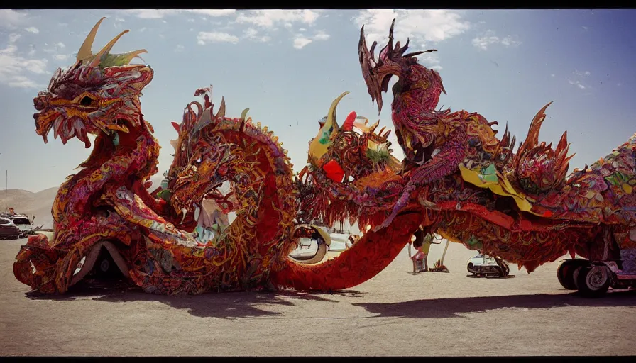 Image similar to papier-mâché art cars of Burning Man looking like dragons and fish, Kodachrome, photorealistic,