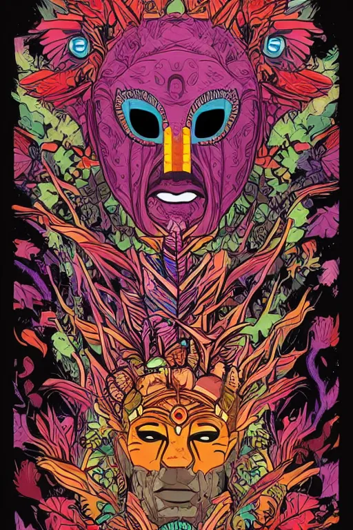 Image similar to animal mask totem roots flower tribal feather gemstone plant wood rock shaman vodoo video game vector cutout illustration vivid multicolor borderlands comics by josan gonzales and dan mumford radiating a glowing aura