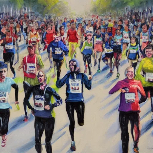 Prompt: the london marathon but everyone is undead, oil painting