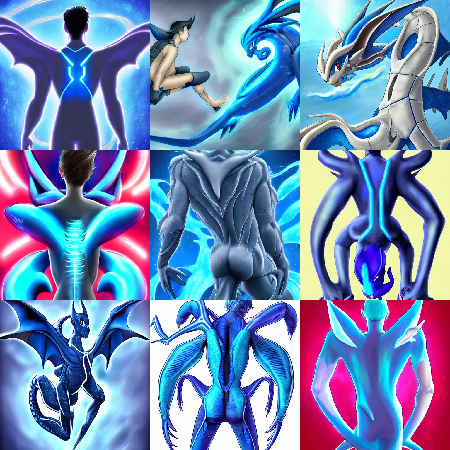 Prompt: human man with the tail of the pokemon dragonair attached to his whole spine, futuristic, electrical, back - shot, high tech, symmetrical, digital art, dragon, blue, pokemon, anatomy, d & d, 4 k hd, very detailed, drawing