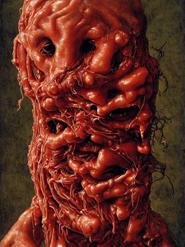 Image similar to half boy half rhino made of spaghetti and tomato sauce, looking straight into camera, screaming in pain, by giuseppe arcimboldo and ambrosius benson, renaissance, fruit, intricate and intense oil paint, a touch of beksinski and hr giger and edward munch, realistic