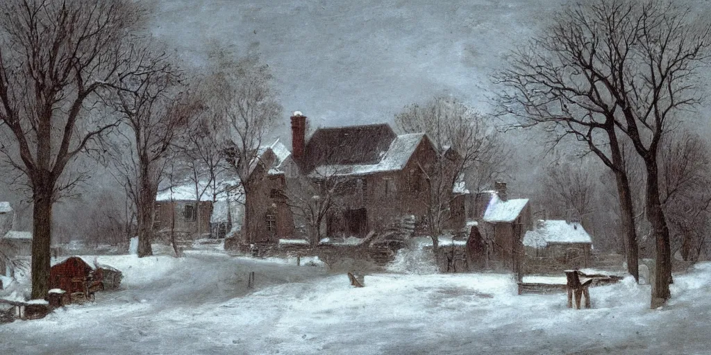 Image similar to a house during a severe winter, by george henry durrie