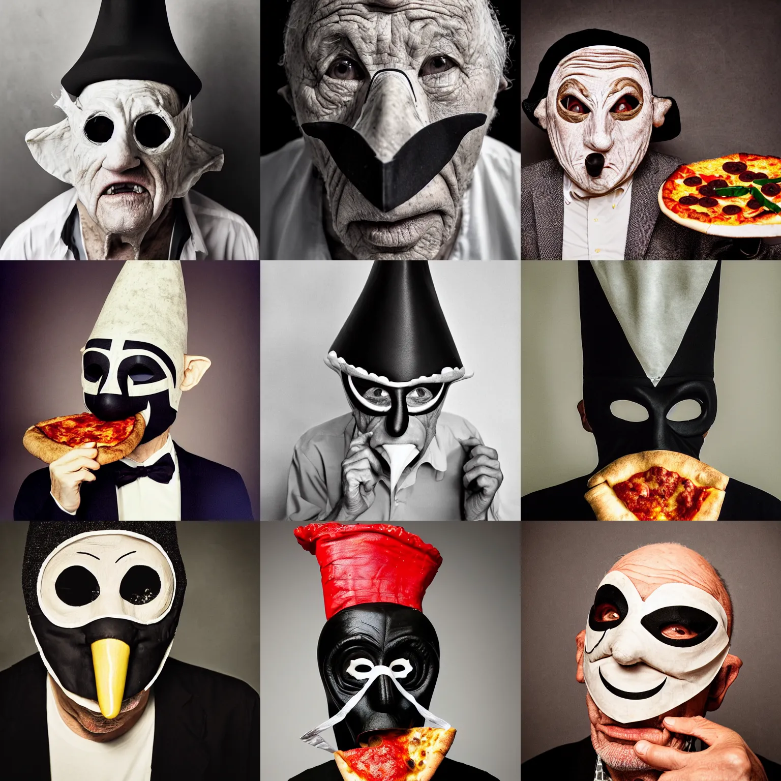 Prompt: portrait photo of an old wrinkled man, intimidating, long nose, crooked nose, large mouth, black pulcinella masquerade mask, pointy conical hat, white wrinkled shirt, presenting pizza, black background, close - up, skin blemishes, acclaimed masterpiece by diane arbus