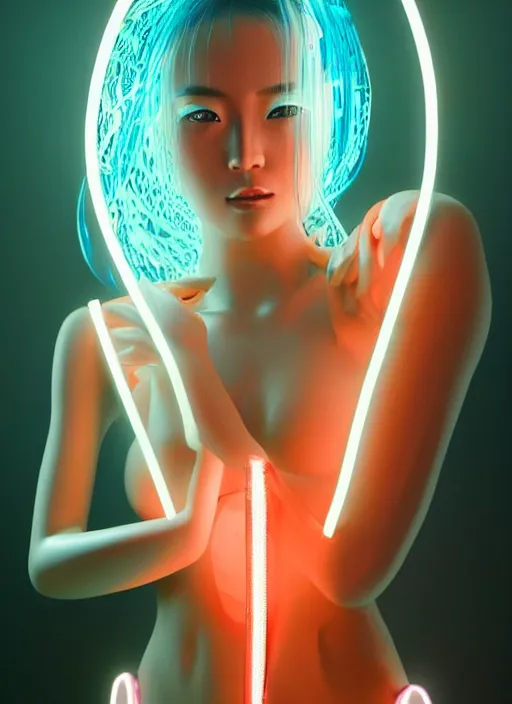 Image similar to a beautiful oriental female humanoid with freckled cheeks, cyber neon lighting, futurism, intricate futuristic jewelry accessories, cyberpunk glossy white latex swimsuit, profile posing, hyper photorealistic, crispy quality, digital photography, trending in artstation, trending in pinterest, cinematic, 4 k ultra hd, art by pascal blanche, art by greg rutkowski,