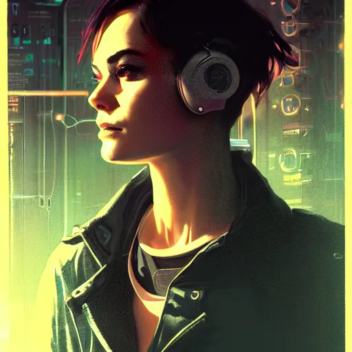 Image similar to shannyn sossamon as a cyberpunk cyber hacker, cybernetic implants, wires, cables, grunge grime, realistic shaded, fine details, realistic shaded lighting by occlusion shadow, intricate, bokeh, masterpiece, by ilya kuvshinov and jeremy lipking and quentin mabille