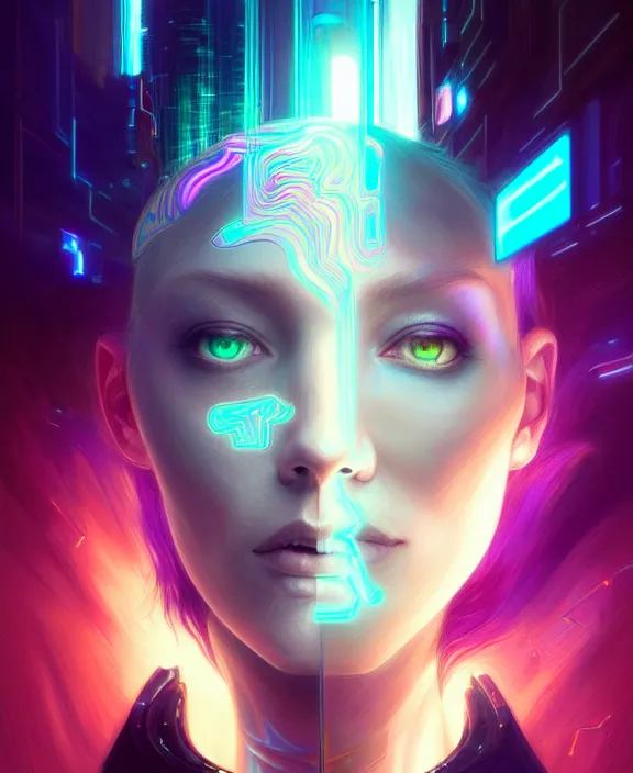 Image similar to a whirlwind of souls rushing inside the metaverse, hologram, half body, neurochip, shaved temple, piercing, jewelry, android, cyborg, cyberpunk face, by loish, d & d, fantasy, intricate, elegant, highly detailed, colorful, digital painting, artstation, concept art, art by artgerm and greg rutkowski and alphonse mucha