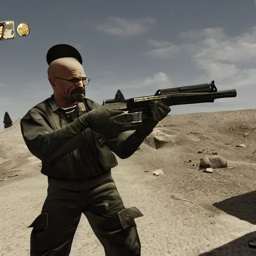 Image similar to walter white with a p 9 0 submachine gun in csgo, video game, third person, shooting at distant targets, high resolution