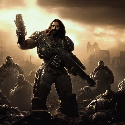 Image similar to Portrait of Jesus Christ in Gears of War, splash art, movie still, cinematic lighting, dramatic, octane render, long lens, shallow depth of field, bokeh, anamorphic lens flare, 8k, hyper detailed, 35mm film grain