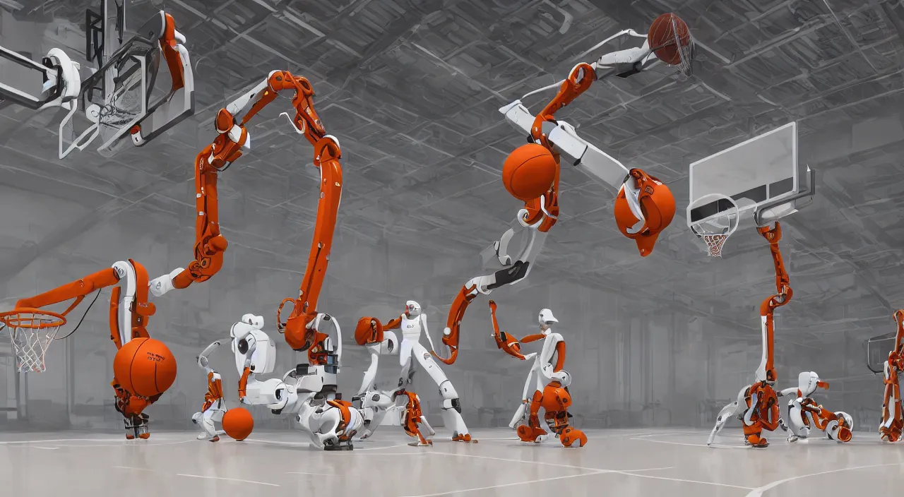 Image similar to three large white glossy kuka industrial robot arms playing basketball in a gym, global illumination, artstation, fantasy