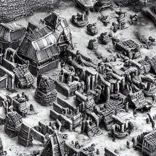 Image similar to vikings plunder the village and kill all the inhabitants, high detail of the environment and characters, detailing even the smallest particles and details, black and white style, 4 k, 8 k, trending on artstation, artstationhd, artstationhq
