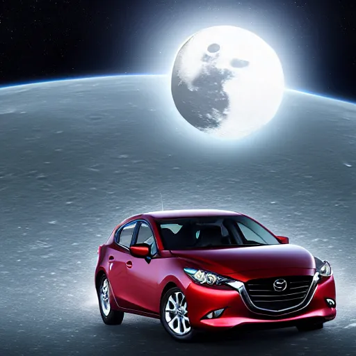 Prompt: A Mazda 3 hatchback as an alien spaceship flying over the Moon, 4K, High Detail,