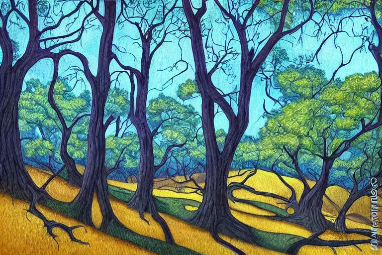 Image similar to masterpiece painting of oak trees on a hillside overlooking a creek, dramatic lighting, by kelly mckernan