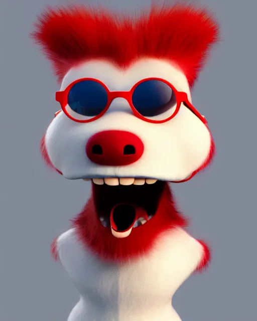 Prompt: 3 d render of completely red hairy friendly antropomorphic cartoony creature wearing white ray - ban shades, full body, simple, no nose, smiling, cute, white background, unreal engine 5 hdr