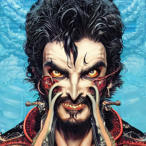 Prompt: portrait closeup of crazy captain hook, symmetrical, hyper detailed, by yoichi hatakenaka, masamune shirow, josan gonzales and dan mumford, ayami kojima, takato yamamoto, barclay shaw, karol bak, yukito kishiro