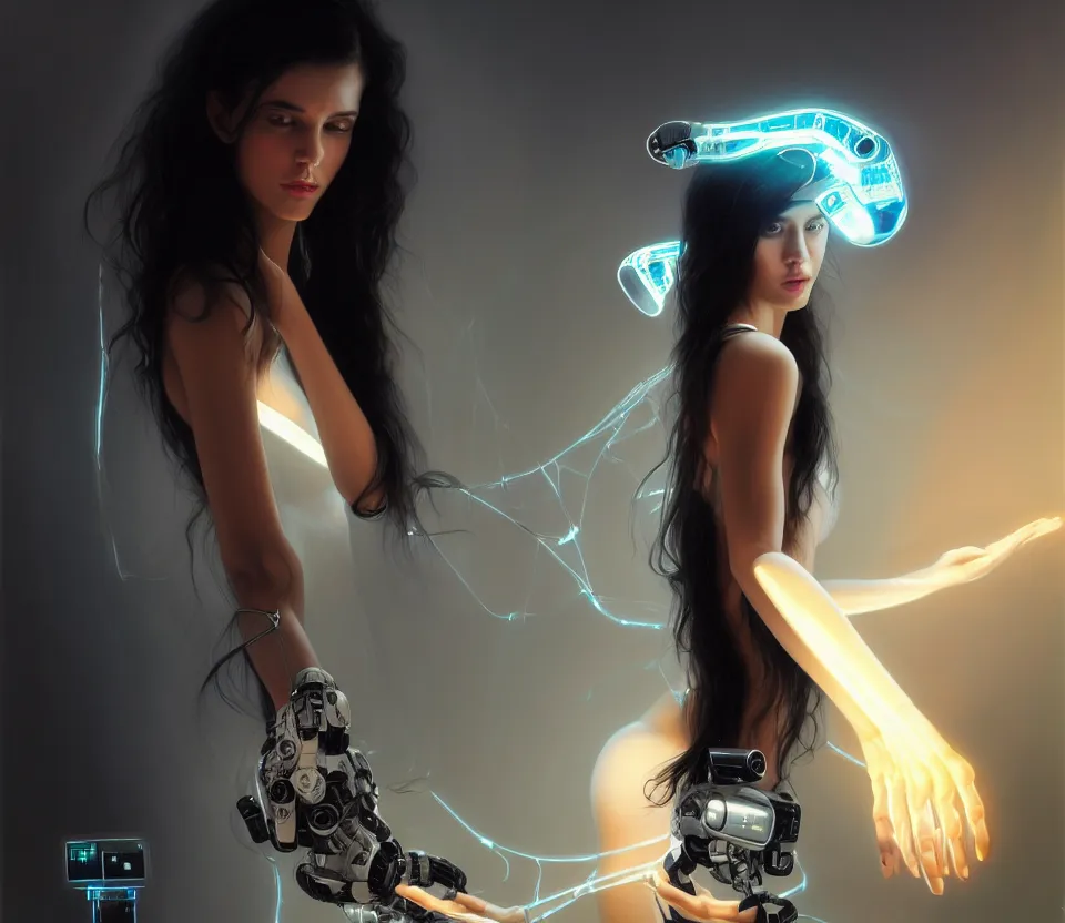 Prompt: beauty young spanish woman with long black hair robotic arms, interacting withholograms of alien artifacts, electrical case display, Terminator tech, ultrarealistic, dramatic lighting, electrical details, high details, 4k, 8k, best, accurate, trending on artstation, artstation, photorealism, ultrarealistic, digital painting, style of Peter Mohrbacher, Caravaggio, Hajime Sorayama and Boris Vallejo