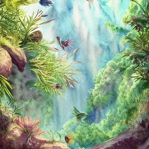 Image similar to beautiful lush natural scene on another planet, with interesting creatures. different than earth but beautiful. lightfall. beautiful detailed artistic watercolor. trending on artstation and deviantart.