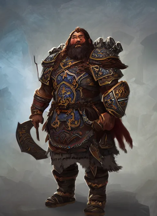 Image similar to detailed full body concept art illustration matte painting of a dwarven warrior with mongolian features in full mongolian armor, ultra detailed, digital art, octane render, 4K, cotw, world of warcraft, torchlight, exaggerated, simplified