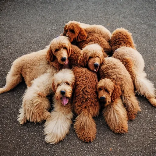 Prompt: a huge pile of golden doodle dogs, photography