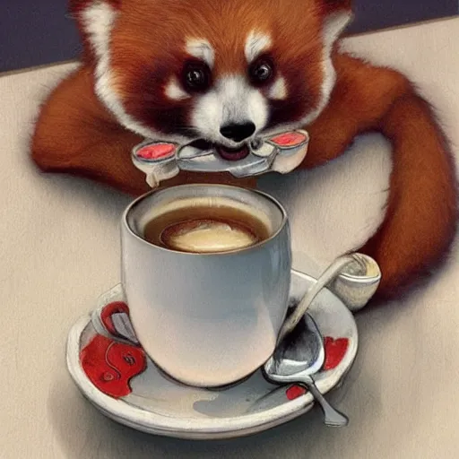 Prompt: anthropomorphic red panda drinking coffee in a cafe, highly detailed, digital painting, artstation, concept art, smooth, sharp focus, illustration, art by artgerm and greg rutkowski and alphonse mucha