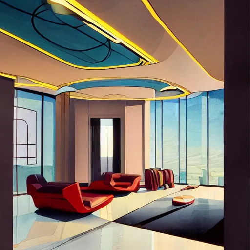 Image similar to a beautiful illustration of futuristic interior hall, lots of furniture, sofa, waiting room, big medium small, sacred geometry, golden ratio, in watercolor gouache detailed paintings, in style of syd mead, trending on artstation,8k, panel, hard surface, vent, zaha hadid