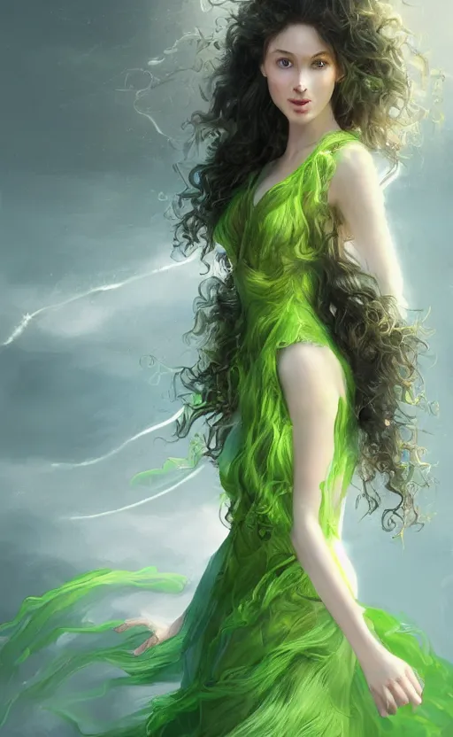 Image similar to a young woman with wild, curly hair and bright green eyes. she's wearing a flowing dress made of light, airy fabric and she has a mischievous look on her face, dynamic lighting, photorealistic fantasy concept art, trending on art station, stunning visuals, creative, cinematic, ultra detailed