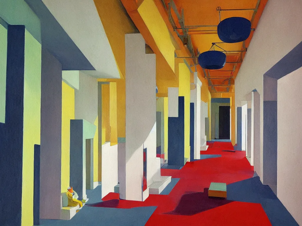 Prompt: colorful minimalist industrial interior hallway with monolithic pillars in the style of ridley scott and stanley kubrick, impossible stijl architecture, bed of flowers on floor, ultra view angle view, realistic detailed painting by edward hopper