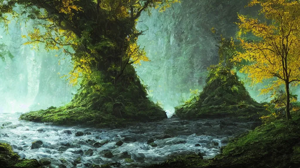 Image similar to A beautiful, highly detailed, very realistic oil painting of a single tree with lots of golden and bright glowing green leaves, next to a small river made of pure gold in the middle of a huge, very dark cave, with lots of dark grey rocks, oil painting by Greg Rutkowski.