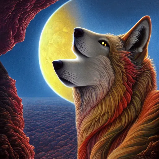 Prompt: a wolf on the edge of a cliff howling at the blood moon, by Adi granov and afarin sajedi and amanda sage and evgeni gordiets and Agostino Arrivabene and in a psychedelic portrait style, ultrarealistic matte painting, volumetric lighting, fractal, extremely symmetrical, highly detailed face, orisha, 8k, hd