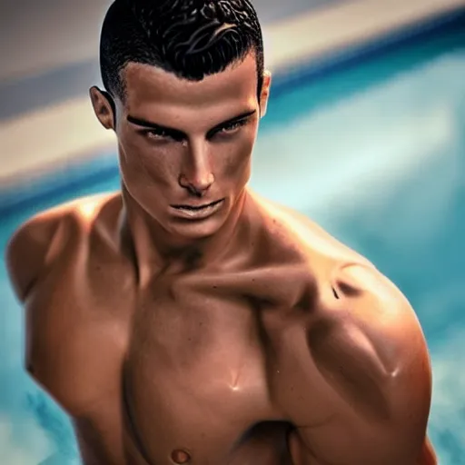 Prompt: a realistic detailed photo of a guy who is an attractive humanoid who is half robot and half humanoid, who is a male android, soccer player cristiano ronaldo, shiny skin, posing like a statue, blank stare, by the pool, on display, showing off his muscles, humanoid robot, mannequin challenge