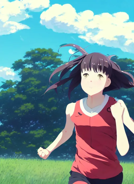 Image similar to portrait of high school runner girl, sunny sky background stadium landscape illustration concept art anime key visual trending pixiv fanbox by wlop and greg rutkowski and makoto shinkai and studio ghibli and kyoto animation red sports clothing marathon race running shoes sponsors