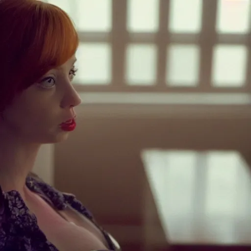 Prompt: amazing beautiful Christina Hendricks with puffy lips in the living room, film still from the movie directed by Denis Villeneuve , wide lens