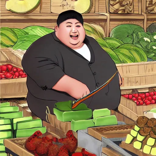 Image similar to a chinese fat guy being stabbed by a long blade in a melon stall.digital art,trending on artstation.