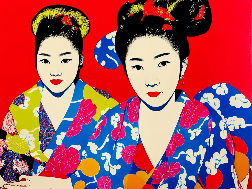 Prompt: hyperrealism composition of the detailed woman in a japanese kimono sitting at a poker table with predaror, fireworks on the background, pop - art style, jacky tsai style, andy warhol style, acrylic on canvas