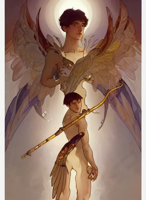 Image similar to digital character concept art by artgerm and greg rutkowski and alphonse mucha. portrait of a young 1 3 year old boy, a young god, icarus with mechanical bird wings, beautiful, holding a staff, boy, detailed, poster art, light effect, glowing, hyper detail, intricate, elegant, digital painting, artstation, smooth, sharp focus