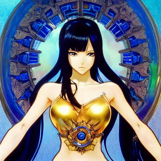 Image similar to highly detailed vfx portrait of nico robin by eiichiro oda, makoto shinkai, alphonse mucha, sharp focus, art by artgerm and greg rutkowski!, backlit, harsh overhead sunlight, blue eyes!!, aquiline nose!!, stanley kybric, kaoru mori, hyper detailed, smooth pixiv, fanbox,