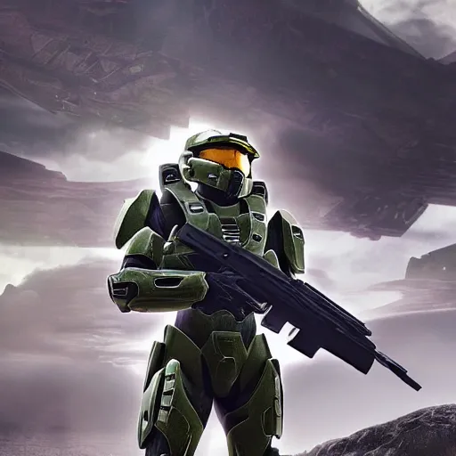 Image similar to Master Chief from Halo at a firing range with an AK-47, cinematic lighting, shot on iPhone, photorealism,