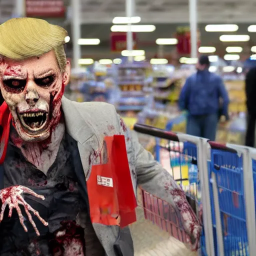 Image similar to photograph of zombie donald trump shopping at walmart in the bronx, movie still, 4 k