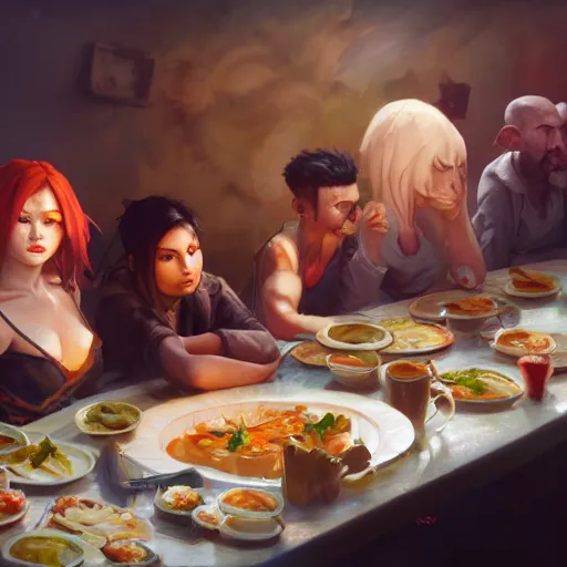 Prompt: A table-spread of amazing food hot and fresh, huggy wuggy from poppy playtime video game, fullbody, ultra high detailed, oil painting, Greg Rutkowski, Charlie Bowater, Yuumei, Yanjun Cheng, unreal 5, DAZ, hyperrealistic, octane render, RPG portrait, dynamic lighting, fantasy art, beautiful face