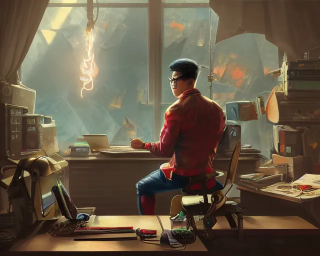 Image similar to an insanely detailed painting of a nerdy asian man wearing a superhero costume, sitting at a desk, staring at the nervously at the computer and typing, in the style of peter mohrbacher, dramatic lighting and composition, octane render, pixar, trending on artstation, concept art, comic book, view from behind